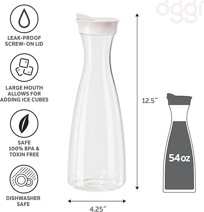 OGGI Clear Carafe w/Flip Open Lid - Ideal Juice Bottle, Clear Pitcher with Lid, Tea Pitcher, Water Carafe, 1.6 Lt(54Oz), White
