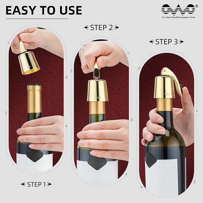 OWO Stainless Steel Wine Bottle Stopper, Reusable Wine Saver with Silicone Seal, Decorative Bottle Sealer, Keeps Fresh (Gold, 2 Pack)