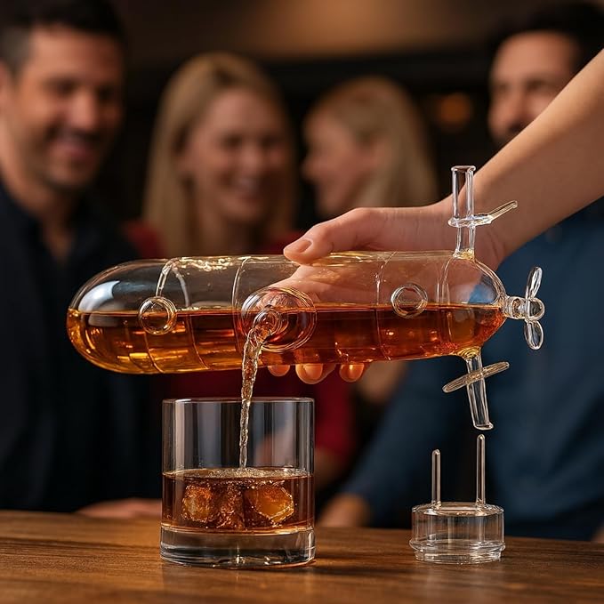 Submarine Whiskey & Wine Decanter Set - Wood Base 25oz Crystal Glass Dispenser Navy Nautical Naval Maritime Anniversary Birthday Gifts Men Who Have Everything Holiday Gifts, Father Husband Boyfriend