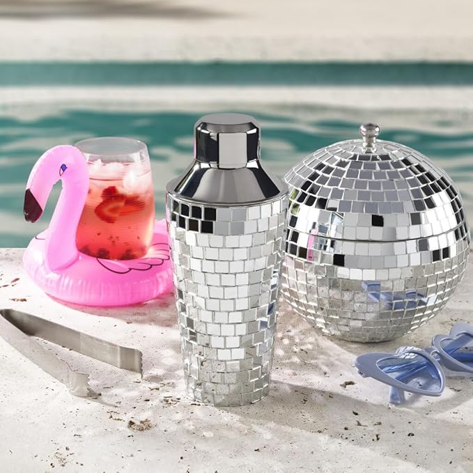 Mikasa Disco Beats 3-Piece Mirrored Bar Set with Cocktail Shaker, Ice Bucket, and Tongs – Glamorous Silver Mosaic Design for Stylish Home Entertaining