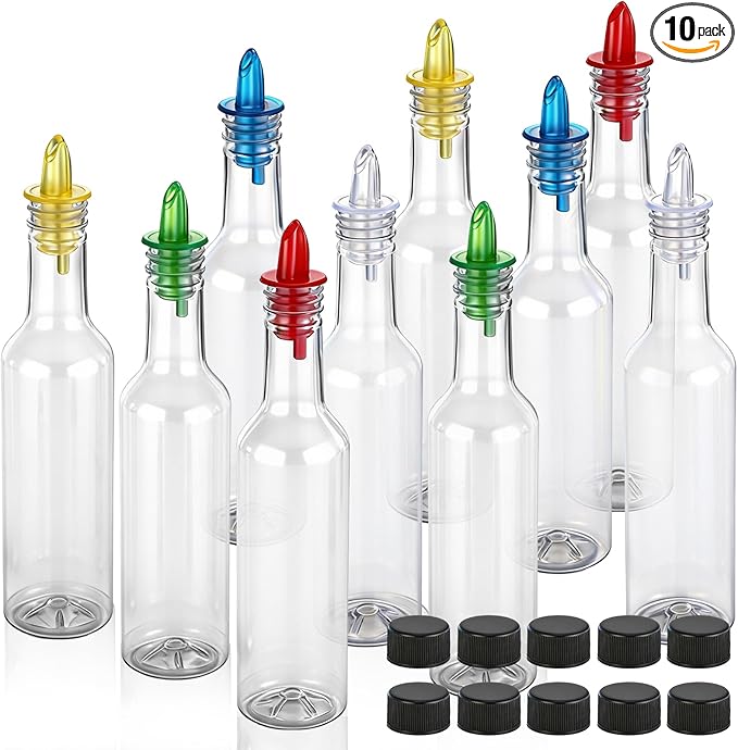Tioncy 10 Sets 10oz Plastic Liquor Bottles with Pourers Sets 10 Plastic Long Neck Syrup Bottles with Pourer and Caps Reusable Leakproof for Home Party Bar(Multicolor)