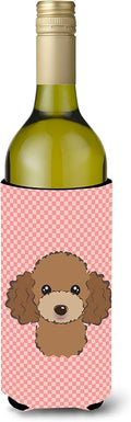Caroline's Treasures BB1256LITERK Checkerboard Pink Chocolate Brown Poodle Wine Bottle Hugger Bottle Cooler Sleeve Hugger Machine Washable Collapsible Insulator Beverage Insulated Holder