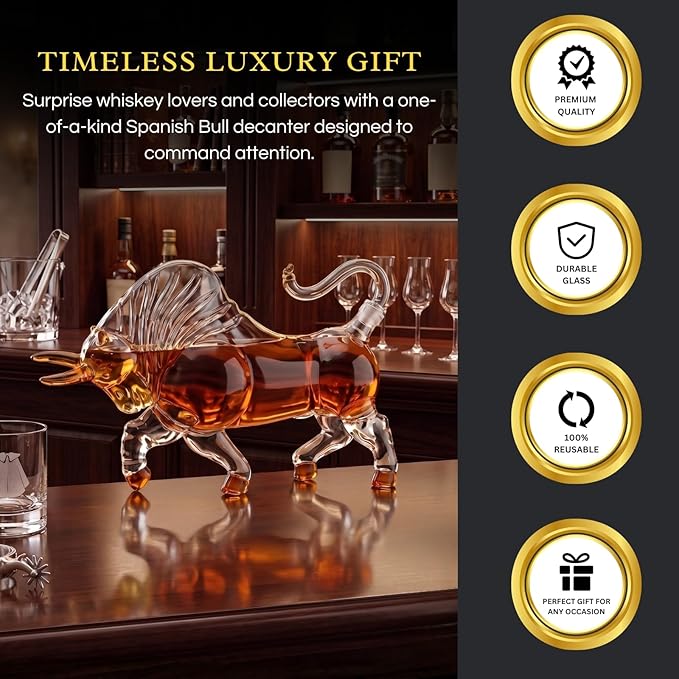 Charging Bull Decanter El Matador Wall Street Bull Charging Head Forward Animal Bullfighter Liquor Decanter for Bourbon Whiskey Scotch Zodiac Shape Clear 1000ml Dispenser Unique Bar Gift, Men Office