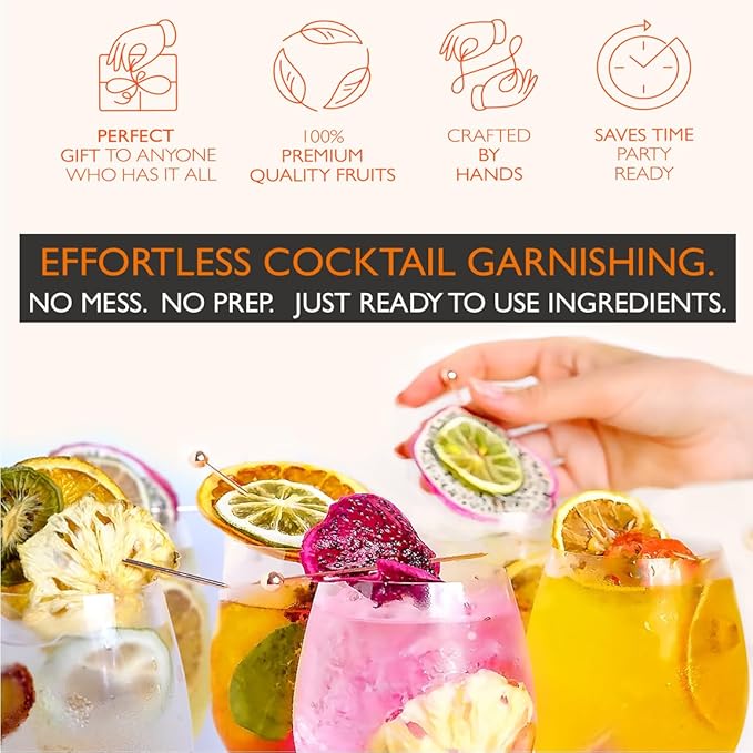 Cocktail Garnish, PREMIUM GIFT SET, with COCKTAIL PICKS I 100% Natural Dehydrated fruits I Home Bar, Barware, Hosting Men Women Corporate Holiday Bar Gift -Medium (70 slices + 8 picks)