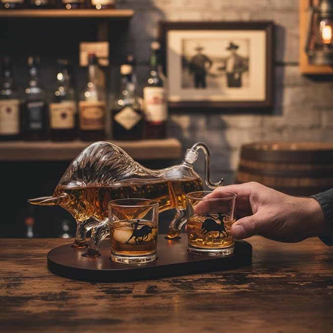 Gifts for Men Dad, Horse Whiskey Decanter Set - Cowboy & El Matador Bull Decanter Set, 33.8oz + 10.1oz Glasses - Western Home Bar Decor Centerpiece, Alcohol Gift for Boyfriend, Husband Birthday Gifts
