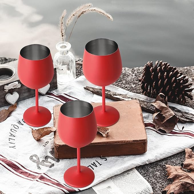 Lifecapido Stainless Steel Wine Glasses Set of 8, 18oz Stainless Steel Wine Goblets, Stemmed Metal Wine Glasses with Cup Brush for Party Office Wedding Anniversary, Great for Red White Wine (Red)