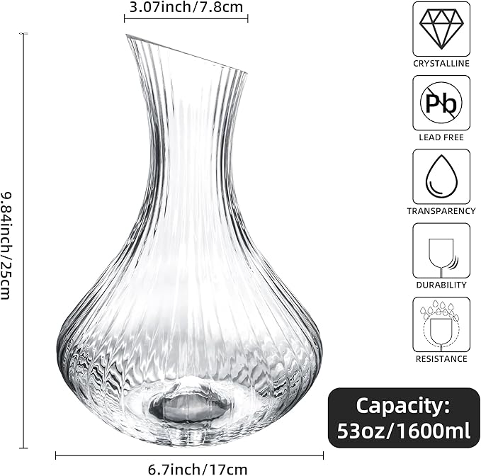 Wine Decanter Aerator Carafe, 53oz/1600ml Glass Wine Aerator with Vertical Stripe Design, Large Capacity Glass Carafe for Wine Aeration, Perfect for Wine Aeration and Display (53 oz)