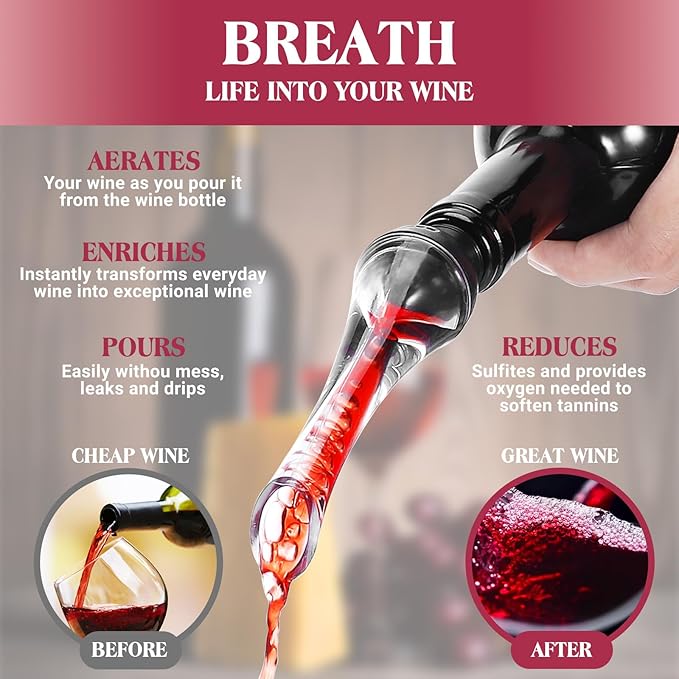 EYE4TECH Wine Aerator Pourer Spout Wine Opener and Bottle Cork-Premium Wine Decanter for Improve Taste and Smell-Professional Wine Pourer Fits All Wine Bottles,No Drip&No Spill-Gifts for Wine Lovers