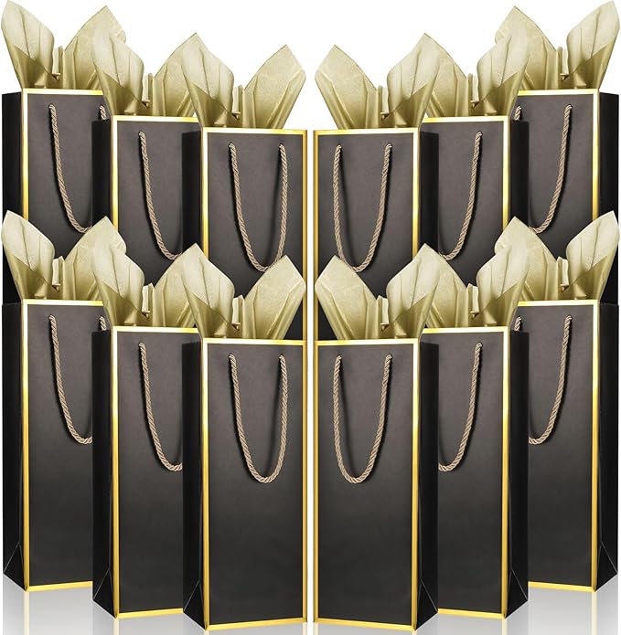 TaoBary 50 Pcs Wine Gift Bags and Gold Wrapping Paper Set Wine Bags for Bottle Bulk 4 x 5 x 13 Inch Champagne Gift Paper Sack with Handles for Christmas Appreciation Wedding Anniversary(black,30 Pcs)