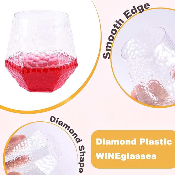 Goodluck 40 PCS Diamond Stemless Plastic Wine Glasses, 12 Oz Disposable Fancy Plastic Cups, Suitable for Weddings, Birthday Parties, Family Gatherings, Bars, etc （Hammered Clear cups）