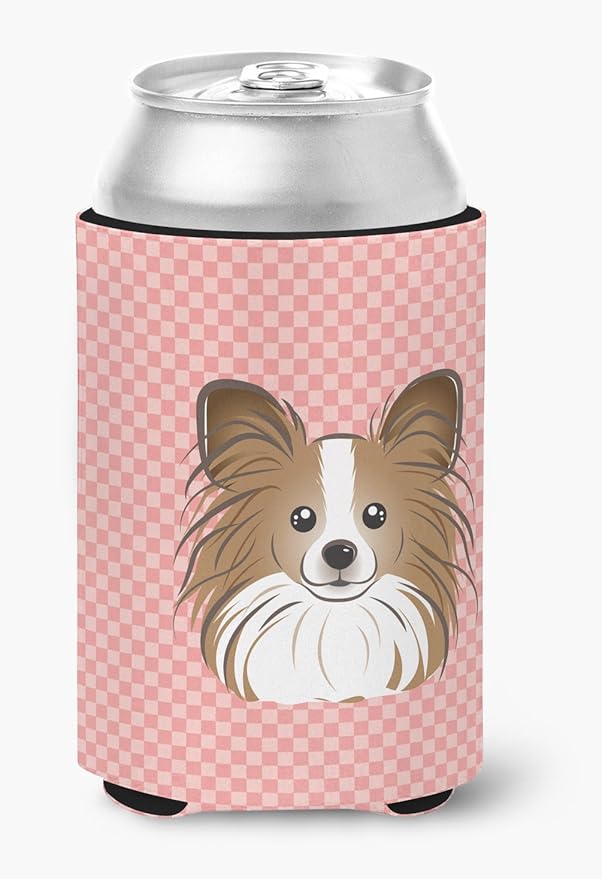 Caroline's Treasures BB1248CC Checkerboard Pink Papillon Can or Bottle Hugger Cooler Washable Drink Sleeve Collapsible Beverage Insulated Holder, Can Hugger, Multicolor