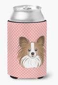 Caroline's Treasures BB1248CC Checkerboard Pink Papillon Can or Bottle Hugger Cooler Washable Drink Sleeve Collapsible Beverage Insulated Holder, Can Hugger, Multicolor