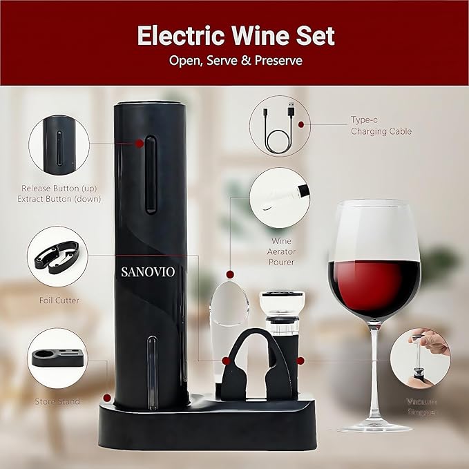 6-in-1 Electric Wine Opener Set - Rechargeable Automatic Corkscrew with Vacuum Sealer, Wine Aerator, Foil Cutter & Charging Base,Valentine's Day Gifts, Wine Lovers(Black)