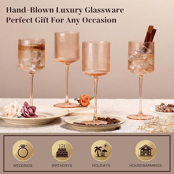 Pale Peach Colored Square Wine Glasses Set of 6, Ribbed Design Peach Crystal Glassware with Long Stem, 11.5oz Hand Blown Red & White Wine Stemware For Home Dinner Party Wedding Housewarming Gift