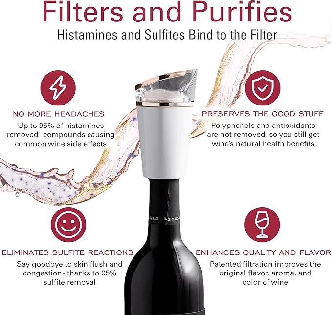 PureWine Phoenix Wine Aerator Pourer Spout - Removes Histamines & Sulfites as You Pour, Red & White Wine Purifier Filter, Helps Allergies & Headaches, Restores Oxidized Bottles- Starter Kit, White