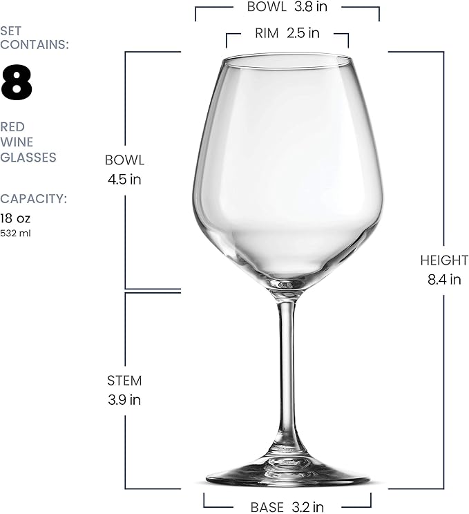 Bormioli Rocco Restaurant Red Wine Glasses, Set of 8 – 18 oz Stemmed Drinking Glasses for Red Wine & Dining Table Use – Elegant Clear Italian Glassware for Entertaining, Dishwasher Safe