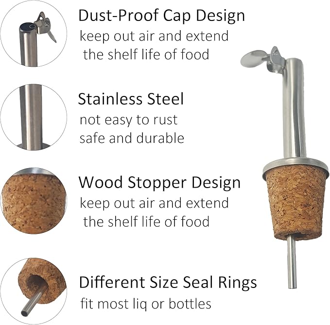 pson 3Pcs Stainless Steel Bottle Pourers, Hinged Flip Spout with Cork Design for Pouring Olive Oil, Vinegar, Syrup, Liquor, and Wine(Curved head)