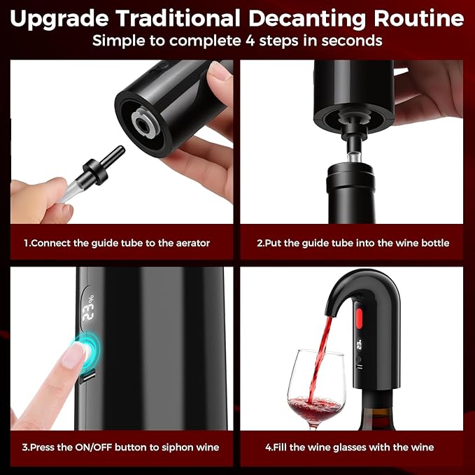 Electric Wine Aerator and Wine Decanter – Quiet Dual-Pump Aeration, Measured Pouring, Temp Display & USB Rechargeable System Electric One-Touch Automatic Wine Decanter and Wine Dispenser Inky