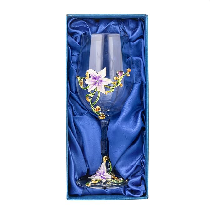 Simcat Handmade Painted Enamel Flower Glass Wine Glasses Transparent Refined Goblet, Stem For Cabernet, Gifts (Purple single gift box,1 Gift Box)