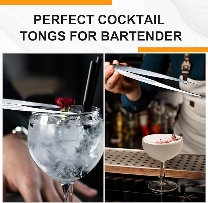 Yaomiao 8 Packs 8 Inch Bar Tweezers Silver Cocktail Tongs Long Garnish Tweezers Stainless Steel Bartender Kitchen Cooking Tongs for Cocktail Food Fruit Korean BBQ Bartender Chef, Multi-use