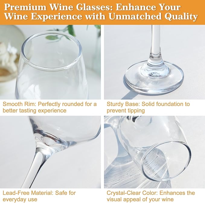 Wine Glasses Set of 6, 14oz Classic Stemmed Glasses, Thick & Clear, Dishwasher Safe Stemware for Red or White, Gift for Party, Holiday, Anniversary, Restaurant, Home Bar, Daily Use