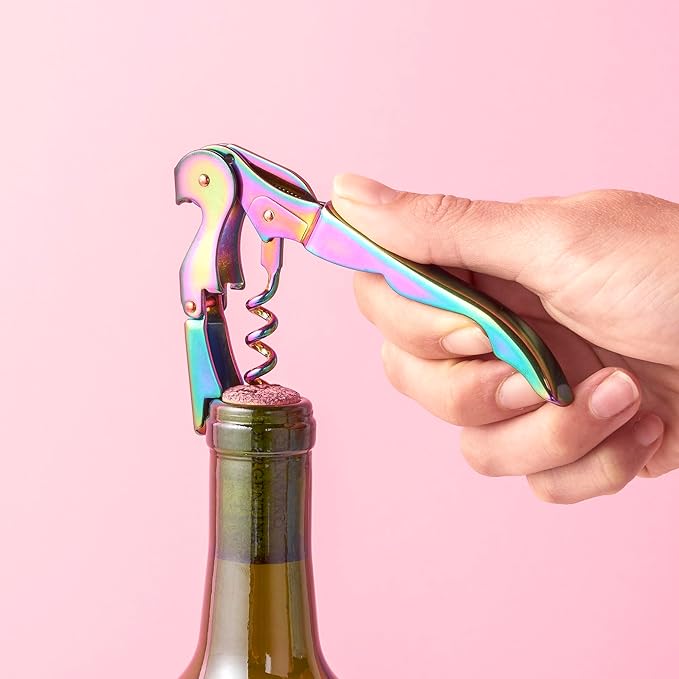 Blush Mirage Iridescent Double Hinged Corkscrew Wine Opener with Built-in Beer Bottle Opener, Stainless Steel Wine Key with Foil Cutter, Home Bar Gifts for Women, Bridesmaid Gifts, Kitchen and Travel