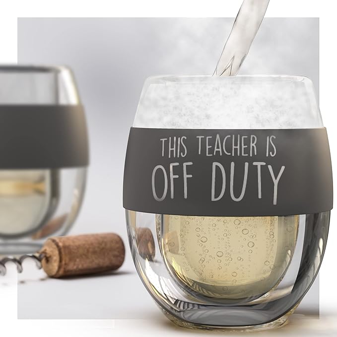 GALVANOX Teacher Appreciation Freezer Stemless Wine Glass Gift for Teacher Off Duty Frozen Wall Insulated Chiller Cup for Ice-Cold Drinks (Gift for Christmas/Birthday/End of Year)