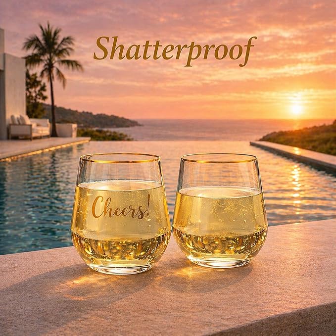 Plastic Wine Glasses Stemless Disposable 12 oz with Gold Rim - 30 Guests Party Drinkware Set, 30 Plastic Cups, 30 Napkins & 50 Cocktail Picks - BPA-Free, Shatterproof, Reusable, Recyclable