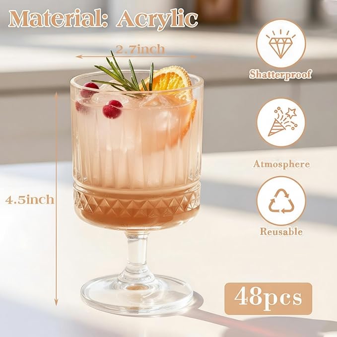 FillTouch 24 Pcs Mini Wine Glasses Bulk, 7.5 oz Small Acrylic Goblets Set, Unbreakable Clear Wine Cups Bulk Cocktail Glasses for Mother's Day Wedding Birthday Guest Graduation Party Supllies (Rhombus)