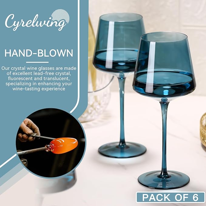 Blue Wine Glasses Set of 6,18oz Blue Wine Glassware Gift Set for Wife & Mom-Colorful Hand Blown Glass Drinkware for Red White Wine