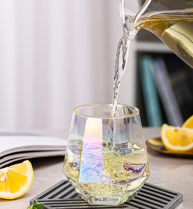 XKXKKE Diamond Wine Glasses Set of 4, 10 OZ Modern Stemless Gold Rim Glass Cups Iridescent Drinking Glassware for Serving Party, Home, Bar, Restaurants, Gift, Rainbow Tumbler, Colorful 4 Pack
