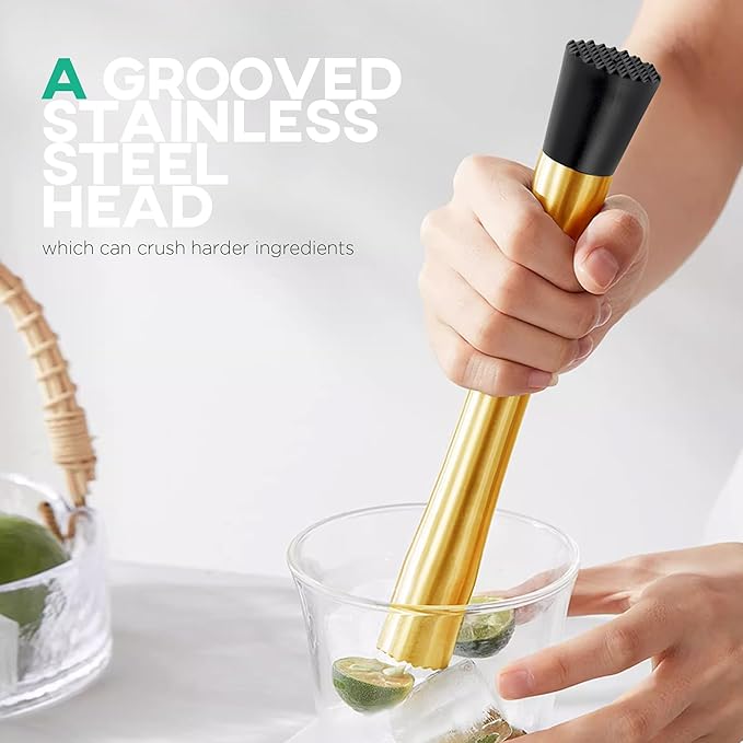 Homestia Muddler for Cocktails Set, 304 Stainless Steel 10" Bar Muddler &12" Cocktail Spoon & Double Jigger, 3 PCS Cocktail Set for Margaritas, Mojitos and Fruit Drinks Bar Tool Set (Gold)