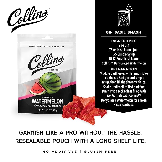Collins Dehydrated Watermelon Cocktail Garnish Slices, 1.3 oz – Cocktail Garnish – 15 Servings – Dehydrated Watermelon Slices for Margaritas, Spritzes, Palomas, Highballs and Zero Proof Coolers