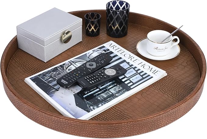 HofferRuffer Large Round Serving Tray 24'', Elegant Faux Leather Circle Ottoman Table Tray, Serve Tea Coffee Breakfast in Bedroom Living Room Kitchen (Antique Brown, 24'')