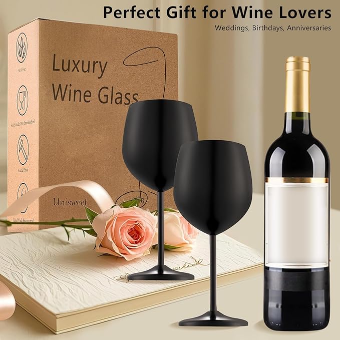 Stainless Steel Wine Glasses, Unbreakable Matte Black Wine Glass 17 oz Unique Metal Wine Goblets for Outdoor, Travel, Camping, Pool, Ideal Gift for Wine Lovers (6 Cups + 1 Bottle Opener)