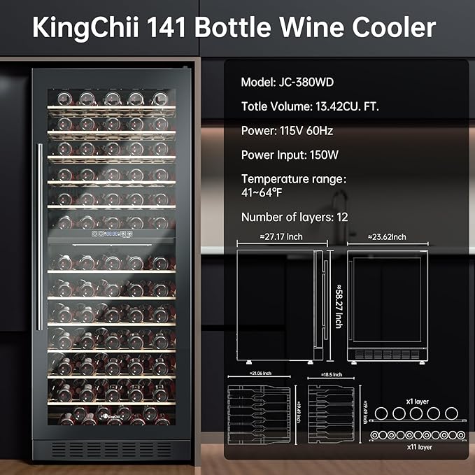KingChii 141 Bottle Wine Cooler Refrigerator Dual Zone Wine Fridge with Professional Compressor - Stainless Steel & Tempered Glass, Freestanding for Home, Office, Kitchen