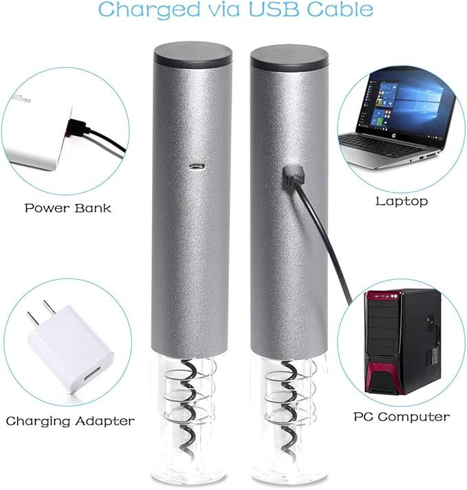 Electric Wine Bottle Opener Automatic Wine Opener Rechargeable Electric Corkscrew with Wine Aerator,Foil Cutter,Wine Stopper,USB-C Charge Cable, Perfect Dad Gifts(Silver)