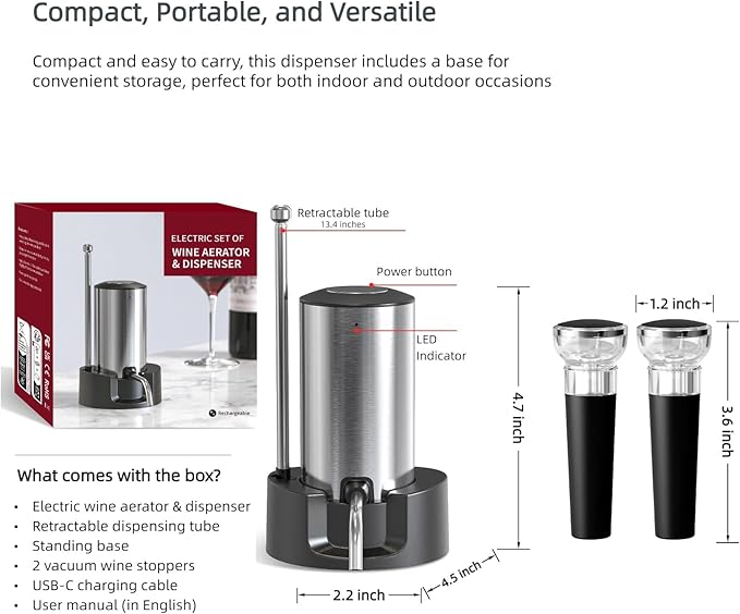 Rechargeable Electric Wine Aerator and Dispenser Set, Electric Wine Decanter with 2 Vacuum Wine Stoppers, Charging Base, Stainless Steel, Wine Pourer