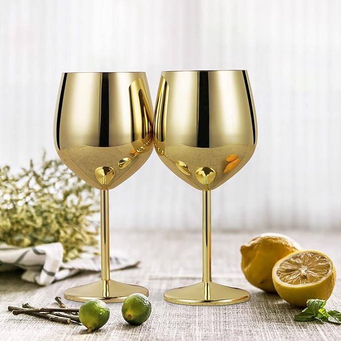 Lifecapido Stainless Steel Wine Glasses Set of 4, 18oz Stainless Steel Wine Goblets, Stemmed Metal Wine Glasses with Cup Brush for Party Office Wedding Anniversary, Great for Red White Wine (Gold)