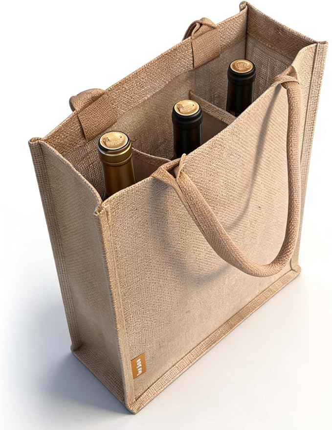 Jute Burlap 3 Bottle Wine Gift Tote Bags with Soft Cotton Handles Reusable for Wedding, Parties,Birthdays