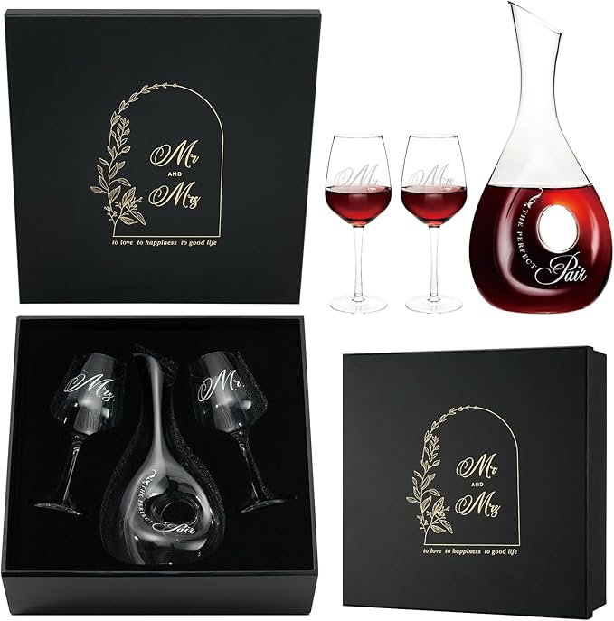 AW BRIDAL Mr and Mrs Wine Glasses for Couples Wedding and Bridal Shower, 2026 Engagement Gift for Newlyweds, Anniversary Wine Glasses with Decanter Couple Gifts