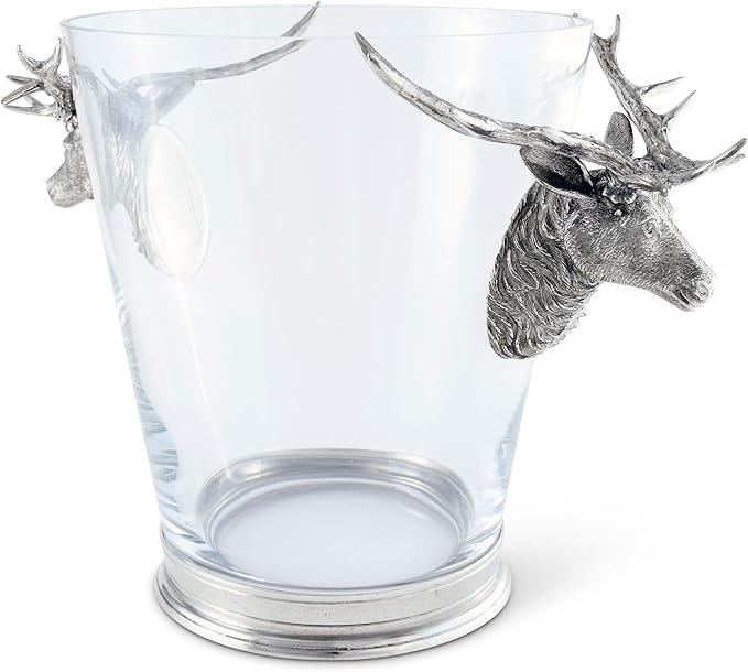 Vagabond House Glass Ice/Wine Bucket with Pewter Deer Head Handles Artisan Designed Handcrafted for Refined Cabin Lodge Mountain Entertaining Heirloom Quality 12 inch Tall