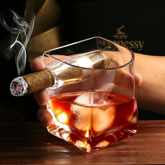 Cigar Whiskey Glass with Cigar Holder-Old Fashioned Glass Set with Cigar Accessories-Crystal Whisky Glass Set with Indented Cigar Rest for Bourbon,Cocktail, Gifts for Men/Dad/Husband(9.5oz)