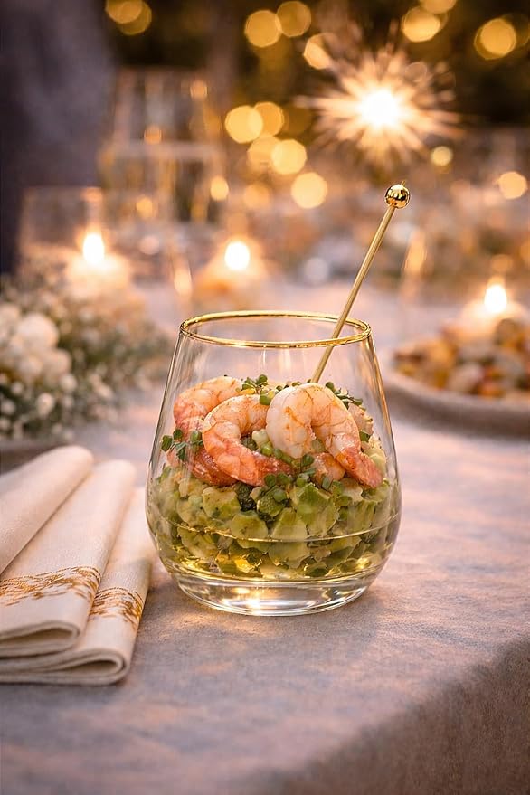 Plastic Wine Glasses Stemless Disposable 12 oz with Gold Rim - 30 Guests Party Drinkware Set, 30 Plastic Cups, 30 Napkins & 50 Cocktail Picks - BPA-Free, Shatterproof, Reusable, Recyclable