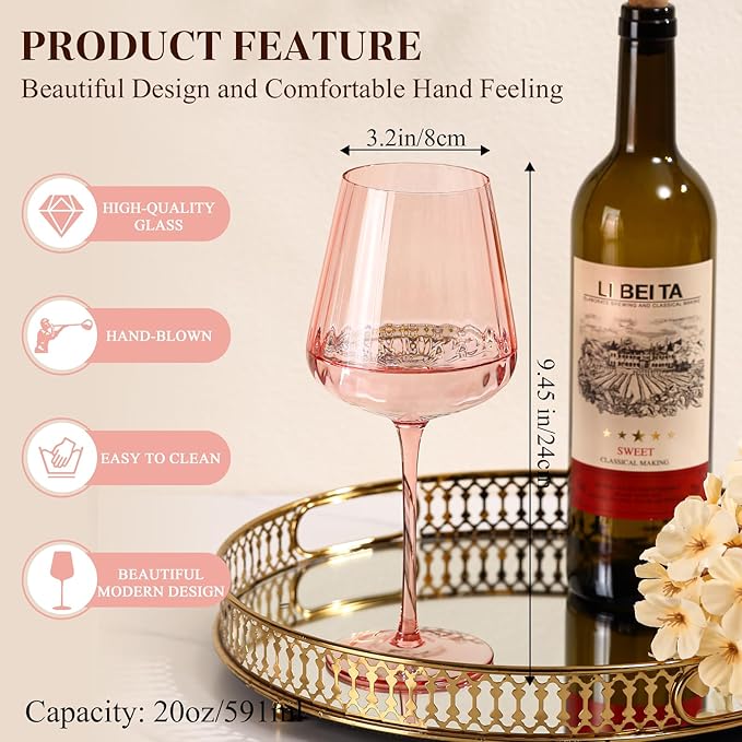 Pink Ribbed Wine Glasses Set of 4-20oz Hand-Blown Fluted Glassware, Lead-Free Crystal Vintage Ripple Texture Red Wine Glasses, Perfect Gifts for Weddings, Birthday, Special Occasions