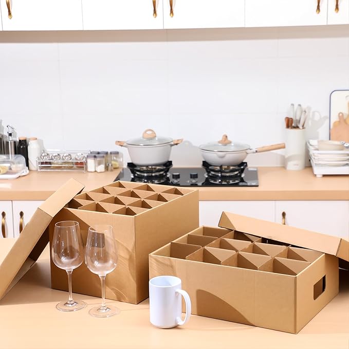 MotiMind 4 Pack Wine Glass Mug Moving Boxes with Divider Kits Included 2 Wine Glass 15 x 12 x 10 Inch and 2 Mug 17 x 13 x 6 Inch Kitchen Moving Boxes with Handle Packing Box for Dish Glassware