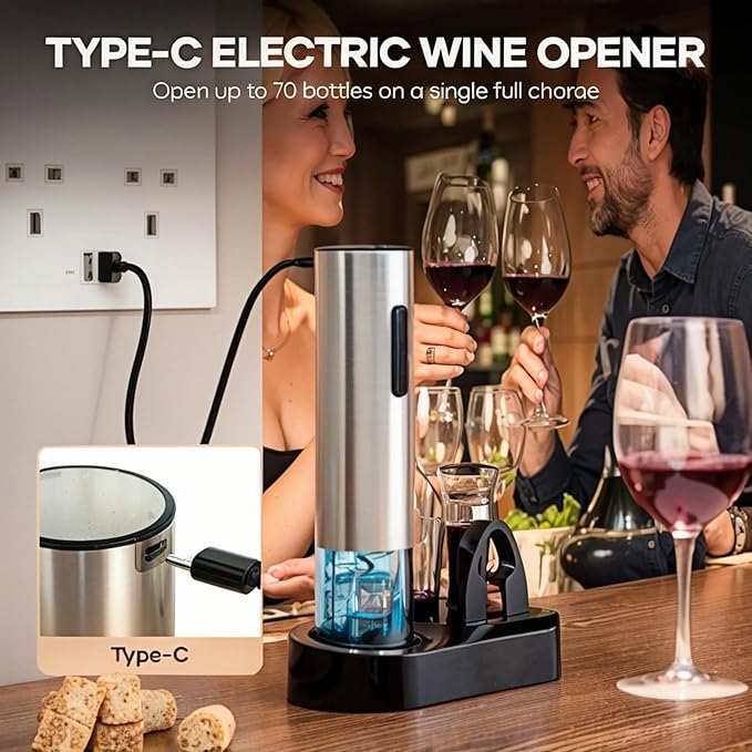 6-in-1 Electric Wine Opener Set - Rechargeable Automatic Corkscrew with Vacuum Sealer, Wine Aerator, Foil Cutter & Charging Base,Valentine's Day Gifts, Wine Lovers (Stainless Steel)