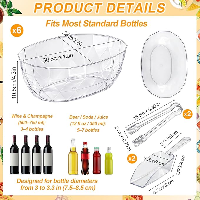 6 Pcs 3 L Ice Buckets with Scoops and Tongs Clear Plastic Ice Bucket Beverage Tubs Acrylic Champagne Cooler for Cocktail Bar Drink Cooler Holder for Mimosa Bar Supplies Chiller Bin