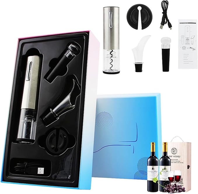 Electric Wine Opener, Rechargeable Operated Automatic Wine Bottle Opener Portable Electric Corkscrew Wine Opener Wine Accessories for Wine Lovers Family Gatherings Holiday Parties(Silver)