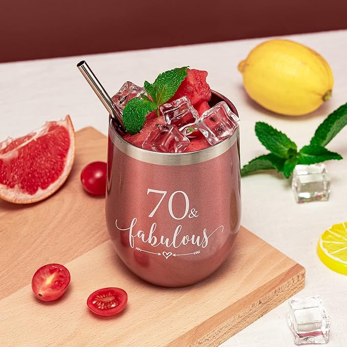 Crisky Rose Gold 70 & Fabulous Wine Tumbler for Women 70th Birthday Gifts for Women, Wife, Mom, Sister, Aunt, Friends, Coworker Her, Vacuum Insulated Coffee Cup,12oz with Box, Lid, Straw